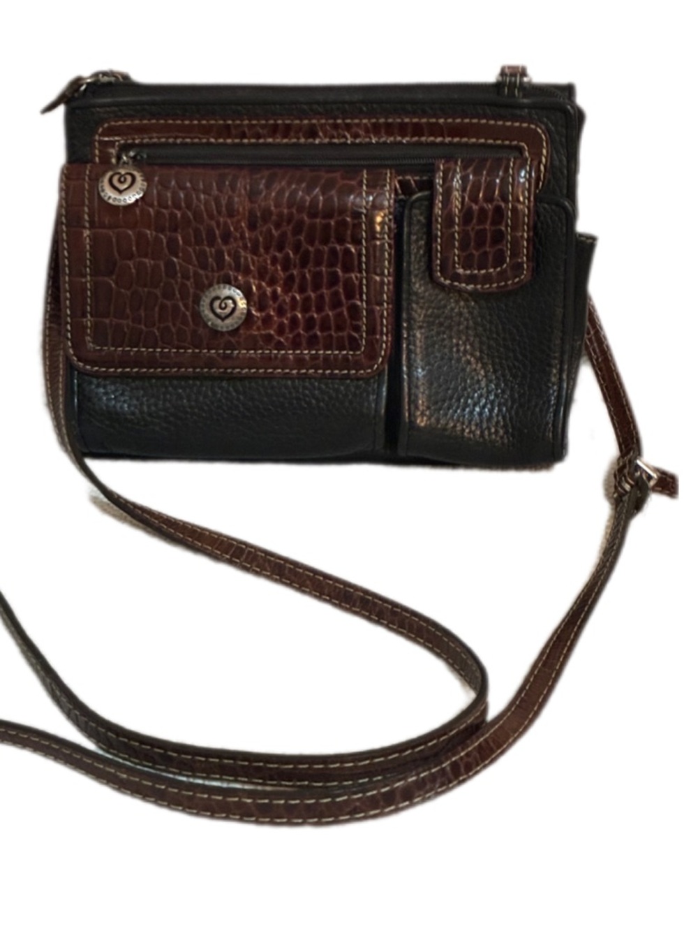 BRIGHTON Hudson Vintage Crossbody Organizer Black Pebbled Leather w Brown.